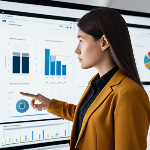 A professional product designer, a woman, in a modest business casual outfit, fully clothed, appropriate attire, concentrating intently on a large digital screen in a minimalist, modern design studio. The screen displays a sophisticated product design portfolio with integrated AI-generated data visualizations and advanced wireframes, showcasing efficiency and innovation. Her posture is natural and focused. The background is clean and professional, with subtle ambient lighting. Perfect anatomy, correct proportions, natural pose, well-formed hands, proper finger count, natural body proportions, safe for work, appropriate content, professional, high quality, studio photography.