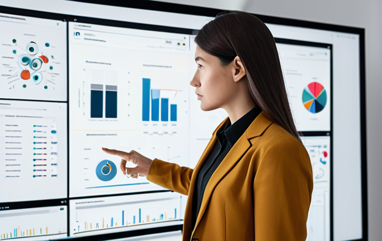 A professional product designer, a woman, in a modest business casual outfit, fully clothed, appropriate attire, concentrating intently on a large digital screen in a minimalist, modern design studio. The screen displays a sophisticated product design portfolio with integrated AI-generated data visualizations and advanced wireframes, showcasing efficiency and innovation. Her posture is natural and focused. The background is clean and professional, with subtle ambient lighting. Perfect anatomy, correct proportions, natural pose, well-formed hands, proper finger count, natural body proportions, safe for work, appropriate content, professional, high quality, studio photography.