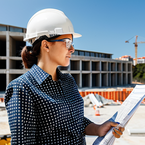 **

"A professional female architect, fully clothed in modest attire (dress pants and a blouse), reviewing blueprints at a construction site in Lisbon, Portugal.  She is wearing a hard hat and safety glasses.  The background shows modern buildings under construction with a clear, sunny sky. Safe for work, appropriate content, perfect anatomy, natural proportions, professional, family-friendly, high resolution, detailed."

**