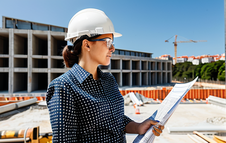 **

"A professional female architect, fully clothed in modest attire (dress pants and a blouse), reviewing blueprints at a construction site in Lisbon, Portugal.  She is wearing a hard hat and safety glasses.  The background shows modern buildings under construction with a clear, sunny sky. Safe for work, appropriate content, perfect anatomy, natural proportions, professional, family-friendly, high resolution, detailed."

**