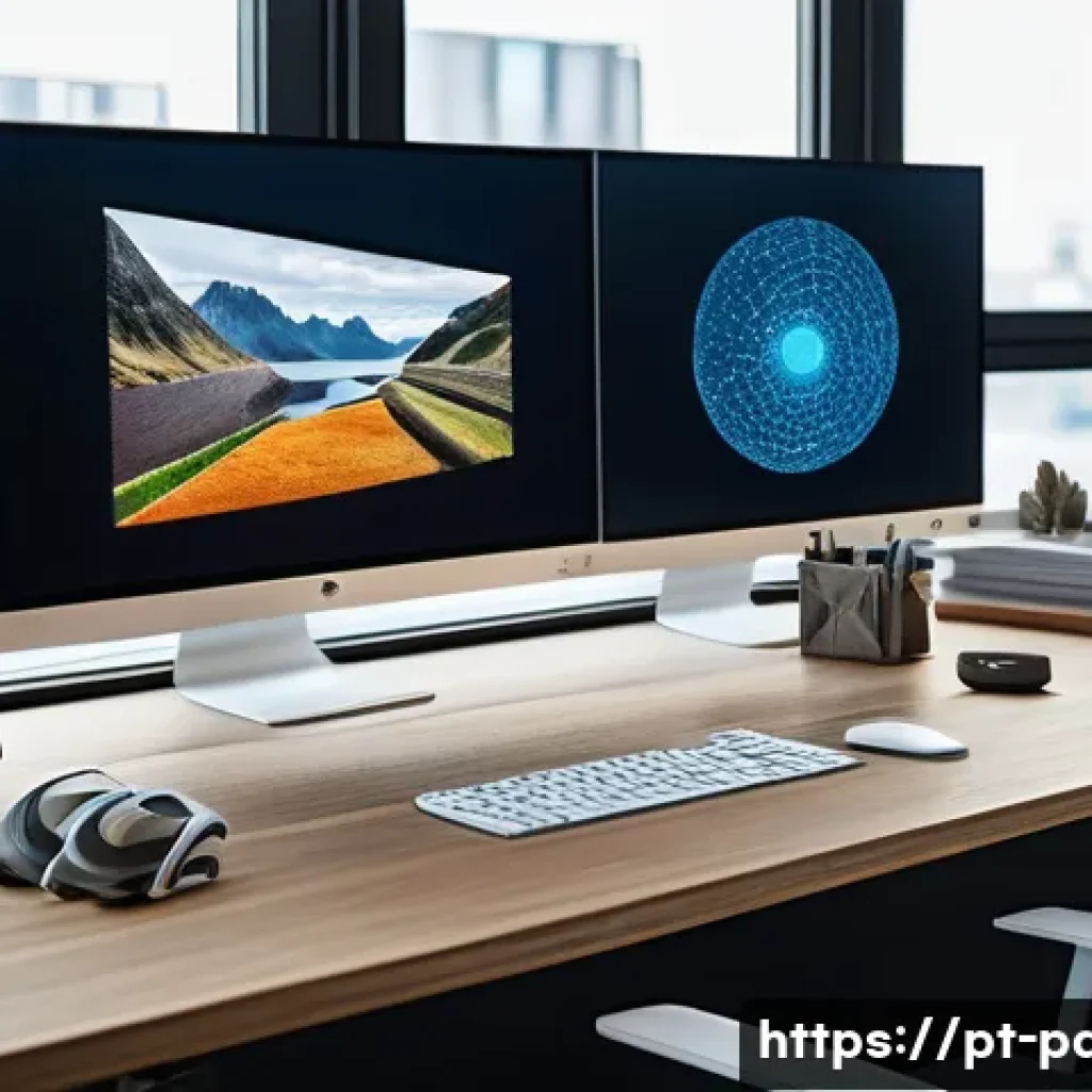 제품디자인 자격증과 관련된 산업 동향 - A modern product designer workspace featuring a sleek desk with multiple high-resolution monitors di...
