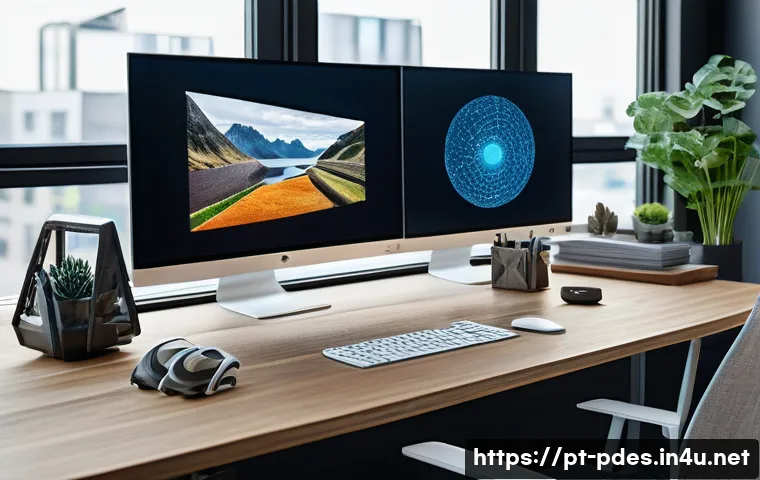 제품디자인 자격증과 관련된 산업 동향 - A modern product designer workspace featuring a sleek desk with multiple high-resolution monitors di...