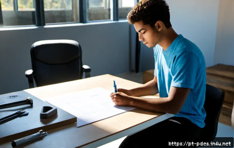 Home 13 제품디자인 자격증 시험 합격률 - Photorealistic Brazilian industrial design student at a clean studio desk, carefully reviewing a pro...